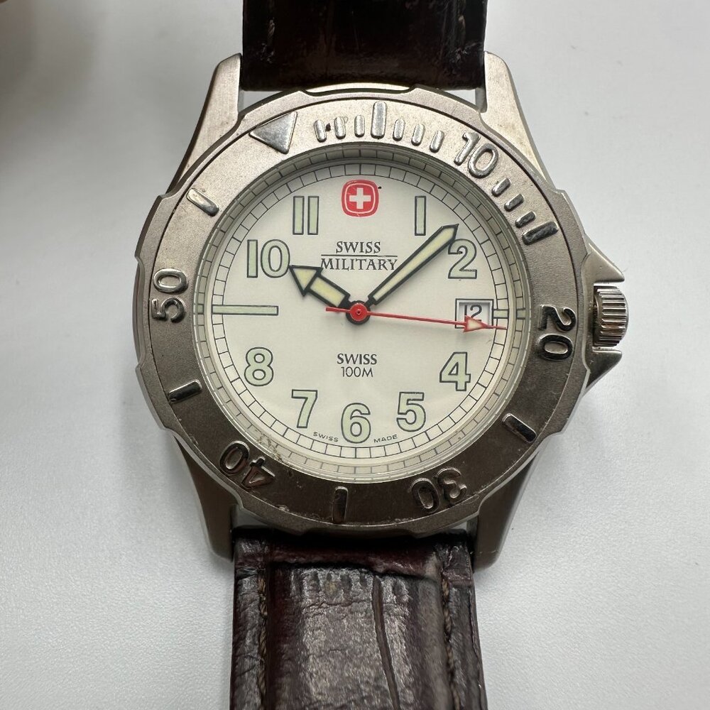 Swiss Military Watch Men Silver Tone Brown Leather Band Water Resistant Works